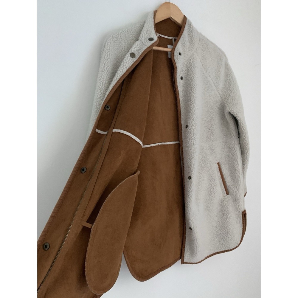 Old Navy Women Jacket Coat Sherpa Faux Suede Sz XS Oversized Ivory Tan Snaps - Picture 8 of 14